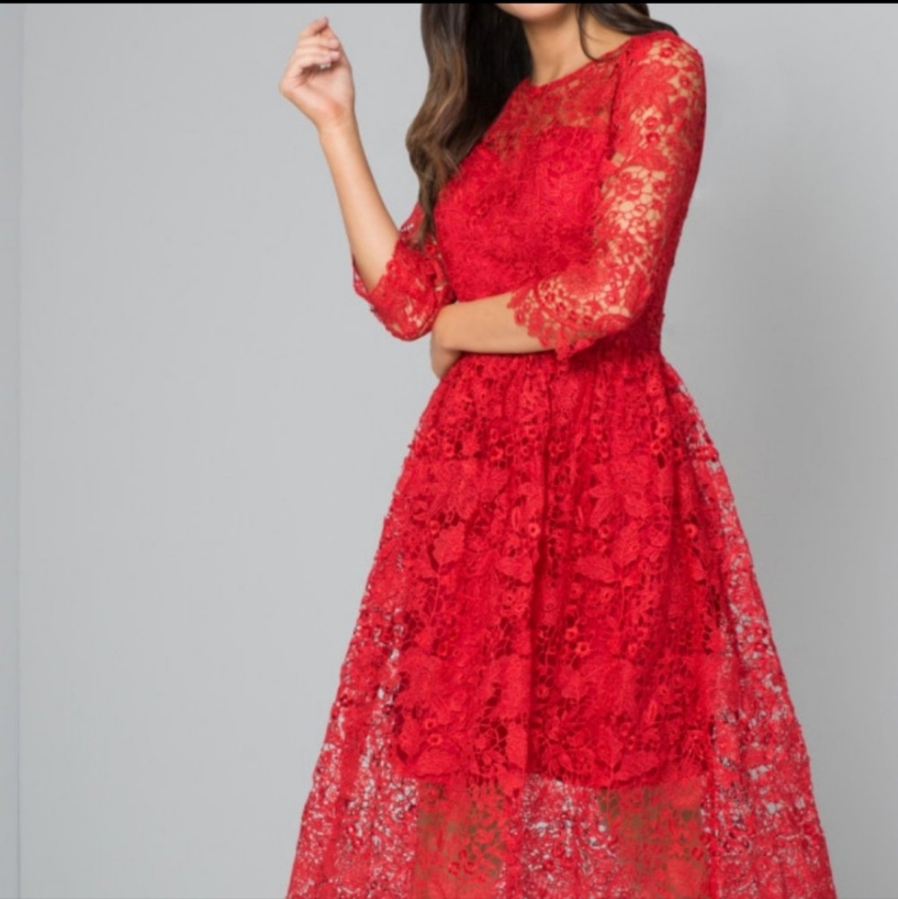 Valentine's Day dress Chi Chi of London Pinar Red Lace Crochet 3/4 Sleeve Dress